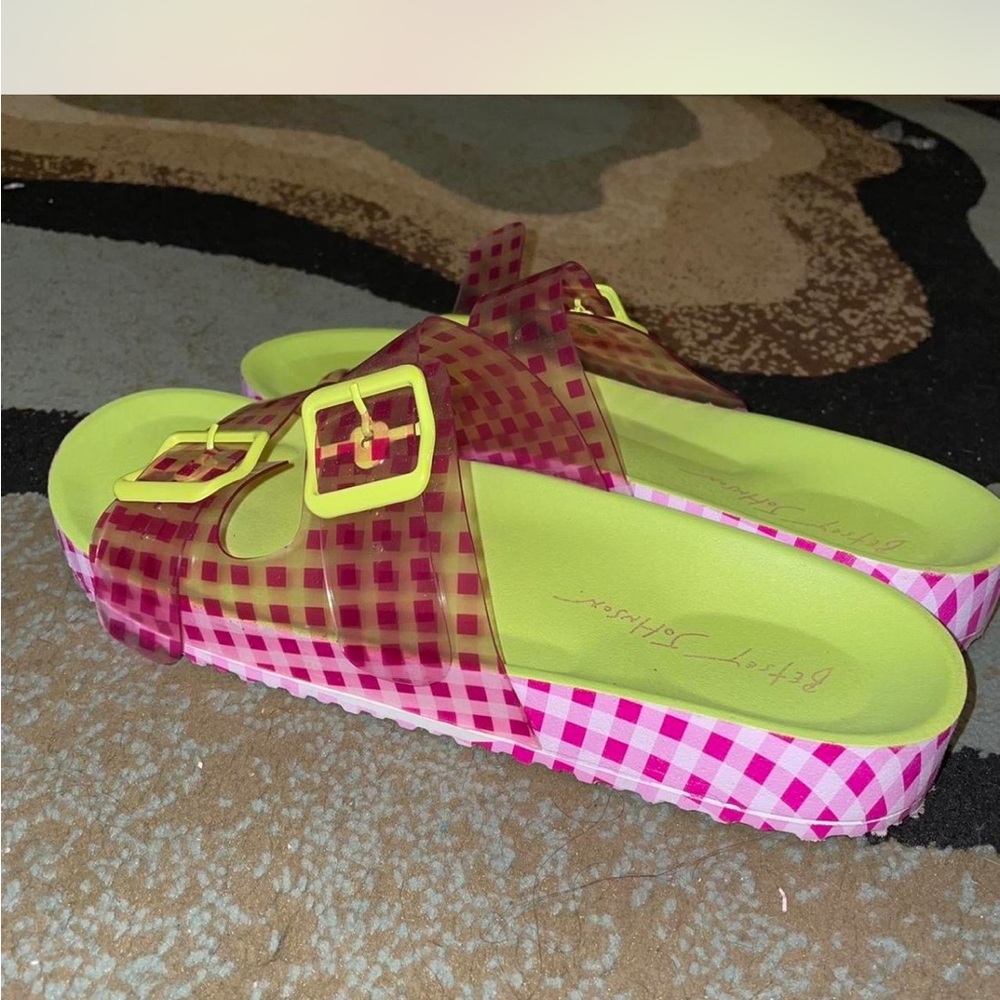 Betsey Johnson Neon Lime & Pink Gingham Platform Slide Sandals